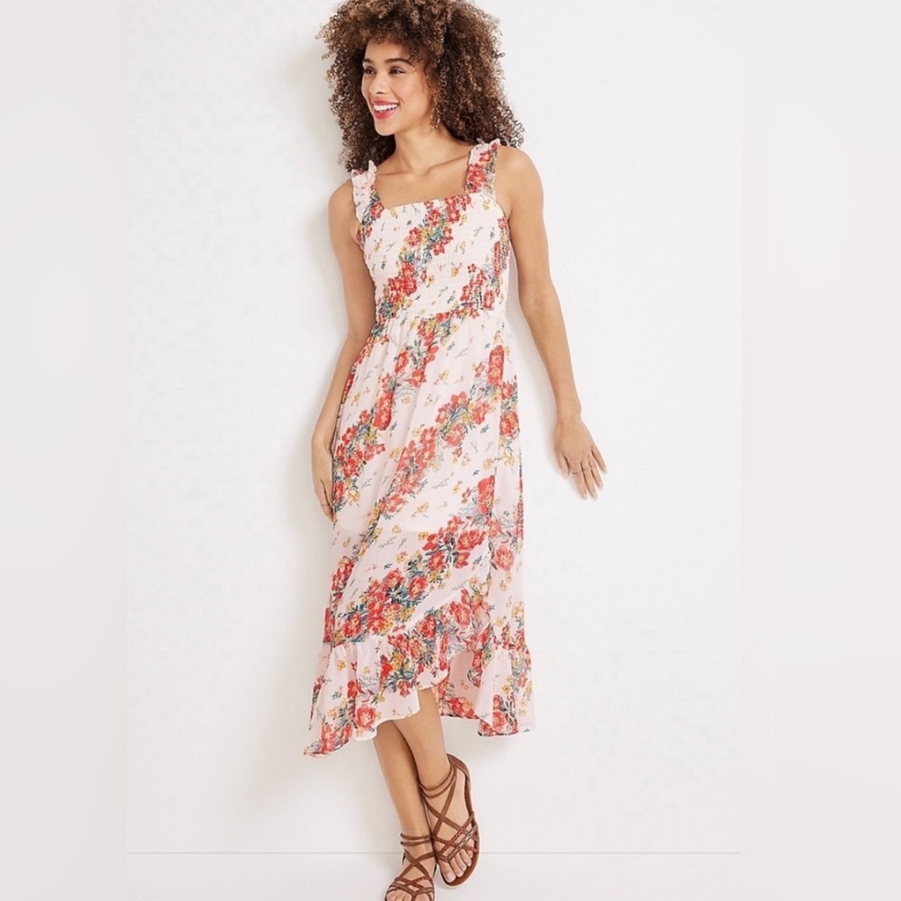 Maurices Aster Floral Red White Green Off The Shoulder Midi Dress